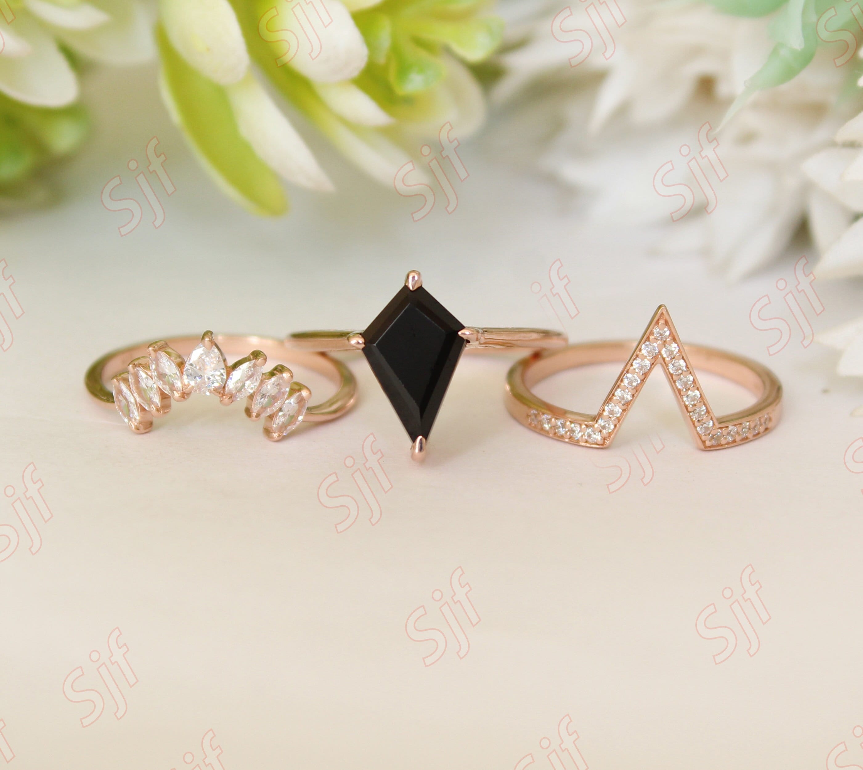 3.15 ct AAA black onyx kite shape solitaire with matching bands , bridal ring set , ring set for women , engagement ring , three ring set