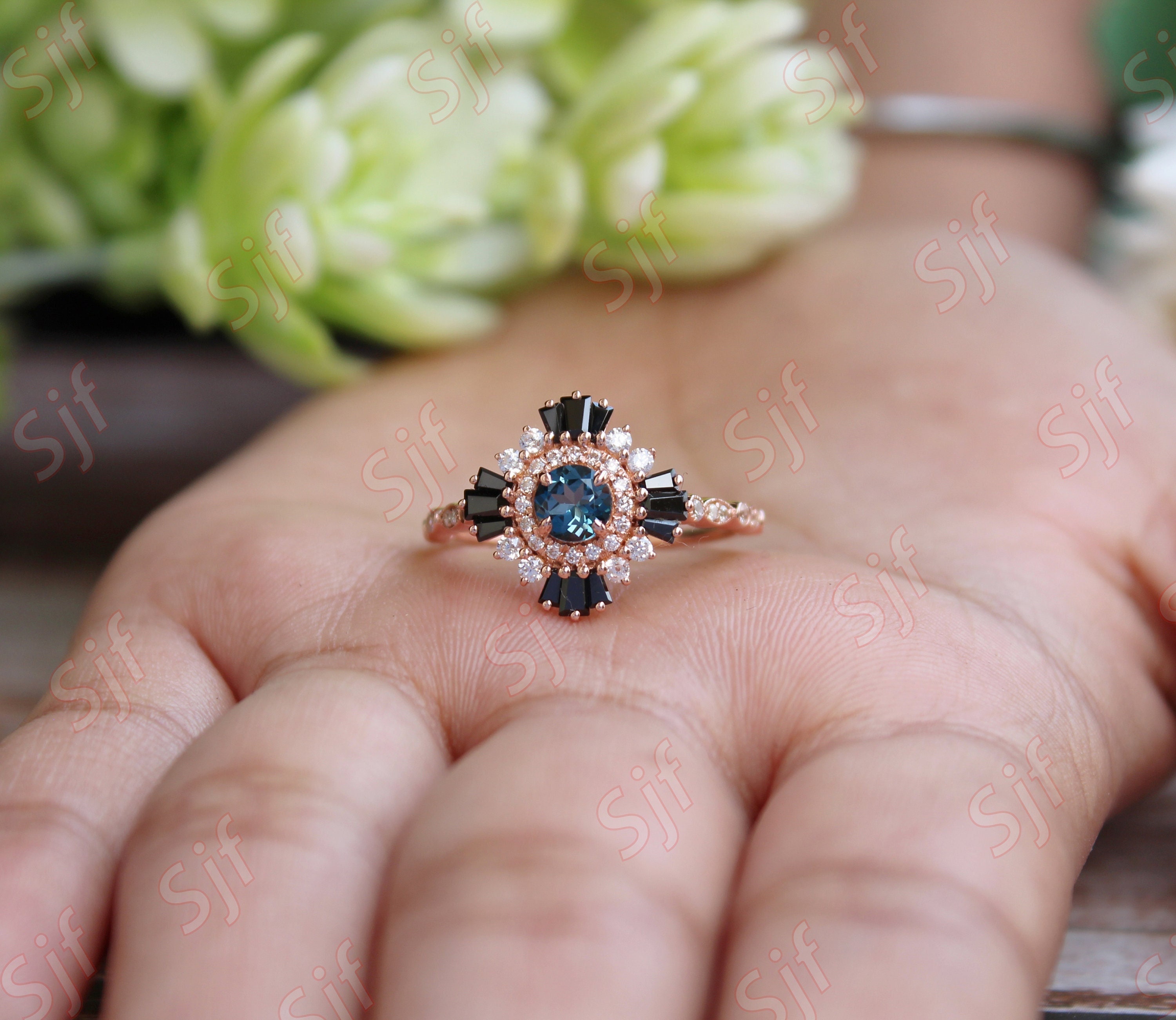 0.50 ct AAA natural London bluetopaz woman engagement halo ring ,baguette spinal gemstone , snowflake ring, gift for wife, ring for daughter
