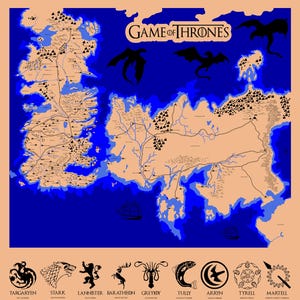 May include: A map of the fictional world from the Game of Thrones series. The map features a tan landmass surrounded by blue water, with the title "Game of Thrones" at the top. Below are the sigils of the houses.
