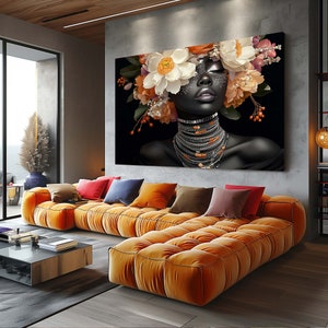 Print CANVAS Stretched canvas, AWN  (12) African womans with flower ,Colorful African Woman Floral Art - Canvas Print