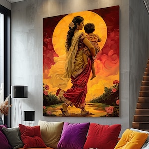 Canvas Print Stretched canvas ,Mother and baby Happy life art , Indian painting, Indian Wall Art