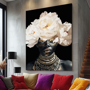 Print CANVAS Stretched canvas Black 02 woman head flowers wall art, Girl Flowers Poster, flower woman poster