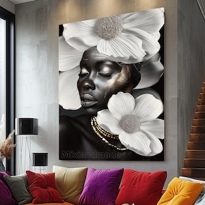 Print CANVAS Stretched canvas, FWAFRI 03 African woman with flower ,flower art , fashion art, africa art, model art, african woman canvas