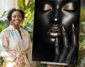 May include: A close-up of a woman's face with closed eyes and gold makeup. Her lips are painted with gold glitter and she is touching her face with her hand.