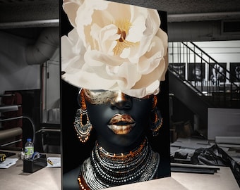 Print CANVAS Stretched canvas WFP01 Black woman head flowers, Black girl wall art, black woman, Afrocentric