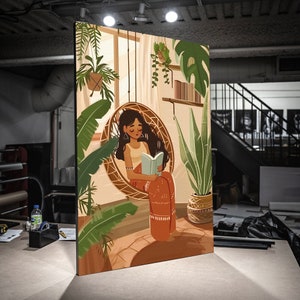 Canvas Print Stretched canvas ,Indian woman creative and happy reading book , Indian painting, Indian Wall Art