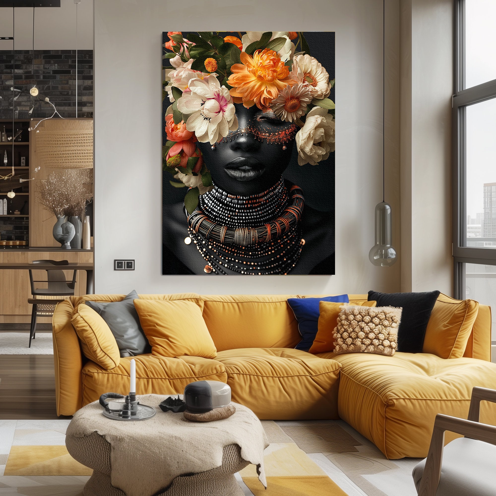 Afroamerikanische Leinwand-Wandbilder – Weiße Blume Auf Schwarzem Frauenkopf, 40x60 Cm (Set C)