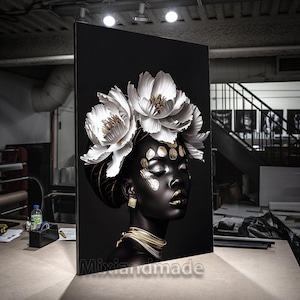 Print  AW (105) Stretched canvas African woman queen flower art, art wall decor, African portrait, african African Girl , Gold and Black