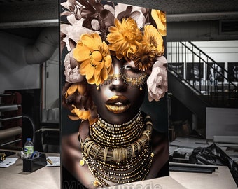 Tryck CANVAS Sträckt canvas FW 0 anpassad färg Afrikansk kvinna drottning blomsterkonst brun och guldfärg, konst väggdekor, afrikanskt porträtt