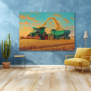 Print CANVAS Gespannte Leinwand, John Deere Kunst Sonnenuntergang Feld LKW Ernte Wandkunst, Weizenfeld Gemälde, Bauernhaus Wanddekor