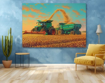 Print CANVAS Stretched canvas,John Deere art Sunset filed truck Harvesting Wall Art, Wheat Field Painting, Farmhouse Wall Decor