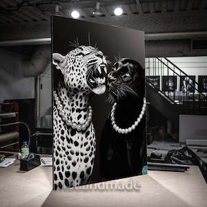 Canvas Print Stretched canvas, vintage  couple leopard and panther  (1) animal art birday gift , livingroom