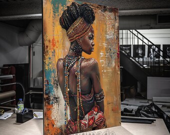 May include: A painting of a woman with dark skin wearing a red and orange dress and a lot of beaded jewelry. The background is a yellow and orange abstract design.