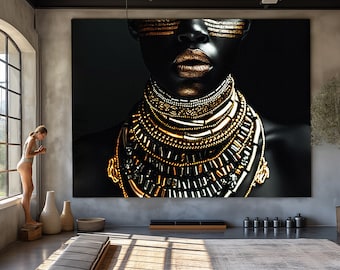 May include: A close-up of a woman's face with gold and black makeup. She is wearing a large, layered gold necklace with intricate details.