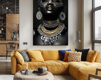 May include: A black and gold portrait of a woman wearing a beaded necklace and earrings. The woman has a gold face mask and her eyes are closed.