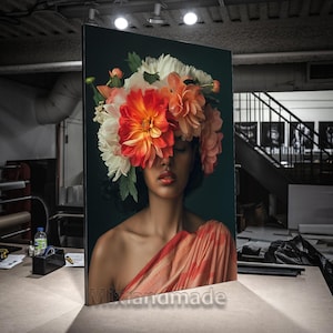 Canvas Print Stretched canvas ,Indian woman with flower art , Indian painting, Indian Wall Art