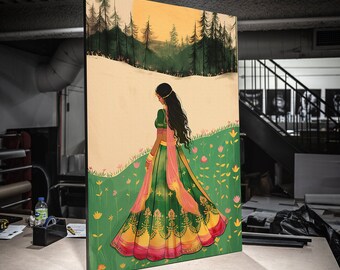 Canvas Print Stretched canvas ,Desi art south asian woman art flower and sun, Indian painting,  Modern Woman in Saree,Desi Art