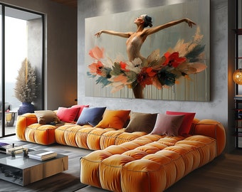 Puede incluir: Una gran pintura abstracta de una bailarina con una falda floral. La bailarina está en una pose con los brazos extendidos. El fondo es de color azul claro. La pintura está colgada en una pared de una sala de estar con un sofá seccional amarillo.