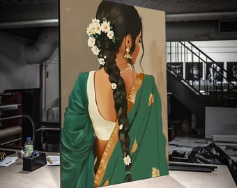Impresión en lienzo estirado, arte desi de mujer del sur de Asia, pintura india, arte mural indio, arte desi