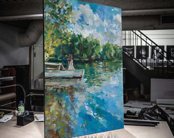 Print CANVAS Stretched canvas , Serene Boat on River , landscape beautiful ,Large Wall Landscape Artwork