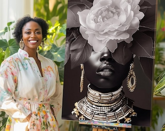 May include: Black and white canvas print of a woman's face with a large white flower covering her eyes. The woman is wearing a large gold necklace and earrings.