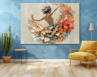 Puede incluir: Una pintura de una mujer con un vestido abstracto y colorido. El vestido está hecho de muchas formas pequeñas y superpuestas que se asemejan a pétalos. La mujer lleva una corona de flores y baila con los brazos extendidos.