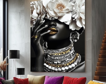 May include: Black and white portrait of a person adorned with a large white floral headpiece and gold jewelry. The person's lips are painted gold, and they wear multiple layers of necklaces with gold and silver accents. The image is a striking piece of art.