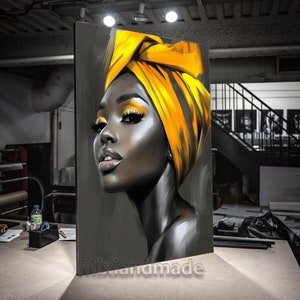 Print Stretched canvas, AWG  (2) Yellow Hair Beauty Canvas Print for Living Room - African American Woman Wall Art Black Woman gold art