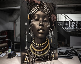 Print  Stretched canvas  AW  (1) Brow African woman Abstract with sunset and flower, art wall decor, African portrait, bar, office, summer