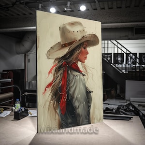 Print CANVAS Stretched canvas, Cowgirl riding horse 04 Wall Art, Western Desert Painting print, Trendy Vintage Aesthetic,