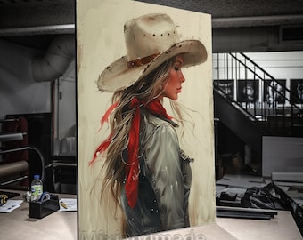 Print CANVAS Stretched canvas, Cowgirl riding horse 04 Wall Art, Western Desert Painting print, Trendy Vintage Aesthetic,