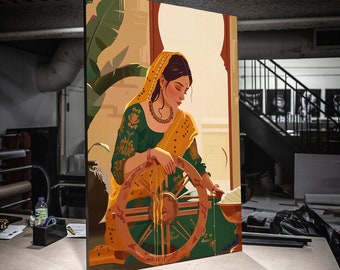 Impresión en lienzo estirado, mujer india trabajando, pintura india, arte mural indio