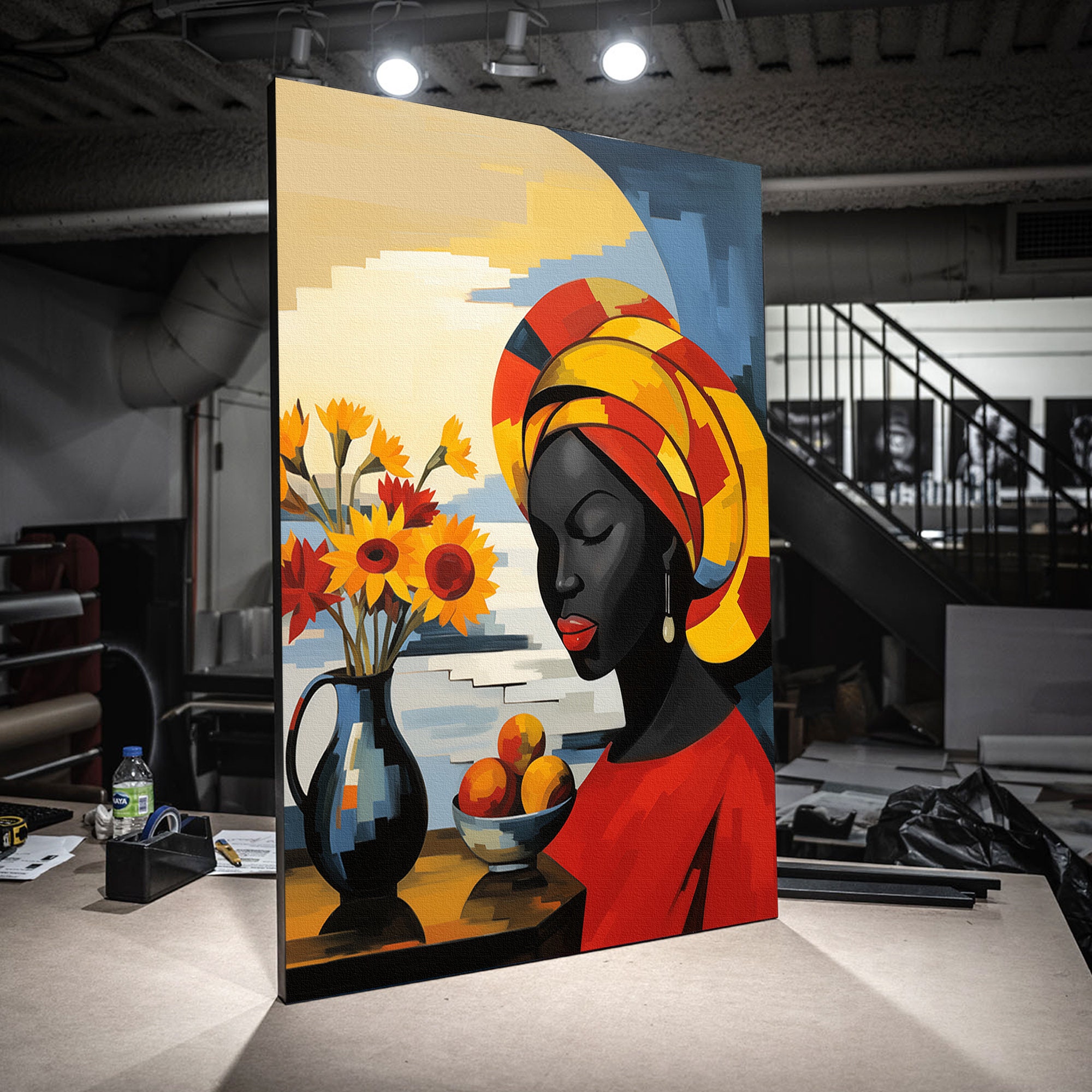 Print CANVAS Stretched canvas African Woman Next to Vase of Flowers, African portrait, Afrocentric