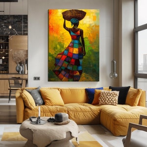Print CANVAS Stretched canvas, FW FASHION (81) African woman abstract Carrying a Basket african american art, black art