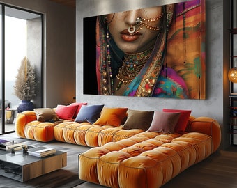 Impresión en lienzo estirado, hermosa mujer india, pintura india, arte mural indio, arte Desi, arte de joyería