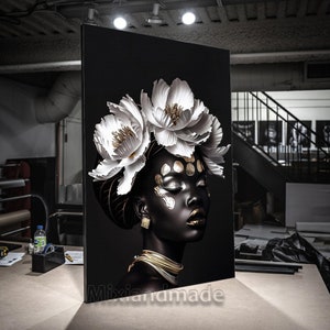 Print CANVAS AW 105 African Girl Canvas Print, Gold and Black Canvas Wall Art, African Woman Printing, Living Room Wall Art, Modern Wall Art