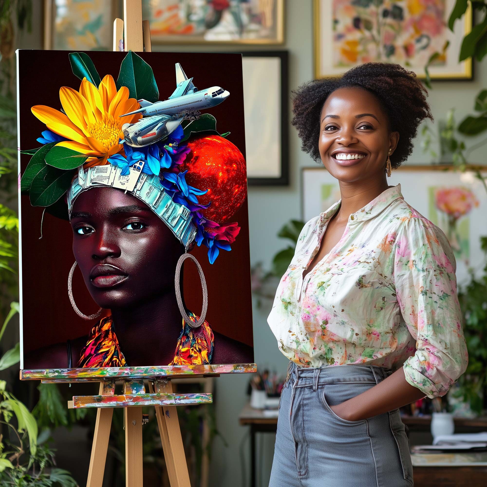 Print CANVAS Stretched canvas FWA  (21) African with Lily flowers and airplan, with flower, sunflower gift for her, Wall Art plane galaxy