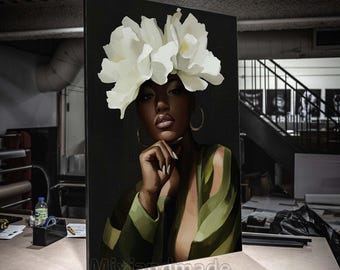 Afdrukken CANVAS Opgespannen canvas Afrikaanse vrouw WFP 6 bloemkleuren kunst zwart, kunstwanddecor, Afrikaans portret, afrocentric