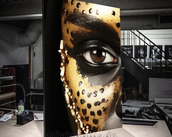 Canvastavla Sträckt canvas, FW FASHION (33) Afrikansk kvinna guldkonst, Canvastavla Modern skandinavisk rymdstjärnkonst ansiktskonst