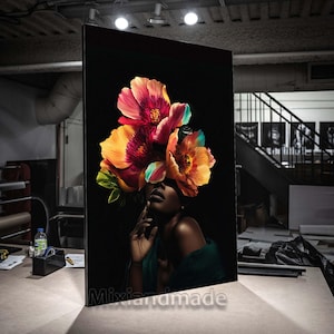 Digitaler Download Afrikanerin WFP 2 Blumenfarben Kunst schwarz, Kunst Wanddekor, Afrikanisches Portrait, Afrocentric