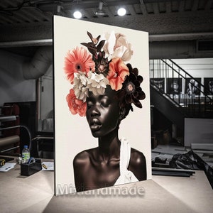 Print Stretched canvas, FW AFRI 18 African woman with flower art, colors art black, art wall decor, African portrait, Afrocentric, bar art