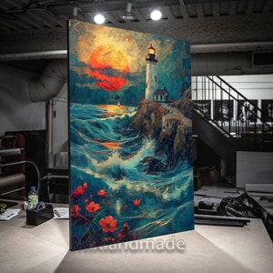 Print CANVAS Stretched canvas, Lighthouse Sunset art ,Room Deco, Costal Lighthouse Painting, Muted Vintage Coastal Art Print, sun set