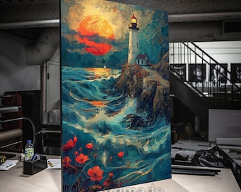 May include: A painting depicting a lighthouse standing on a rocky cliff, with a red sun setting over the ocean. The waves are crashing against the rocks and there are red flowers in the foreground.