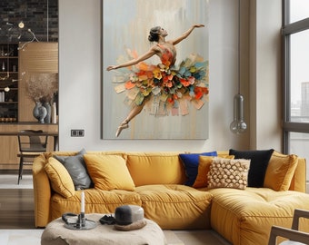 May include: A painting of a ballerina wearing a colorful, floral-patterned tutu. The ballerina is in mid-air, with her arms outstretched. The background is a soft, muted blue.