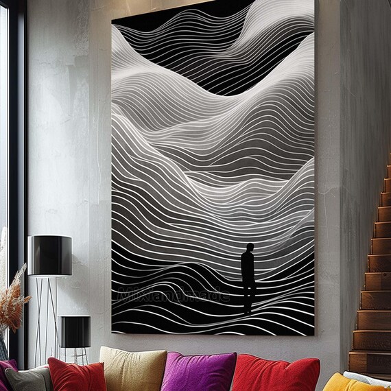 Abstract Topographic Canvas Wall Art, Black and White Landscape