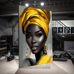 Print Stretched canvas, AWG  (1) Yellow Hair Beauty Canvas Print for Living Room - African American Woman Wall Art Black Woman gold art