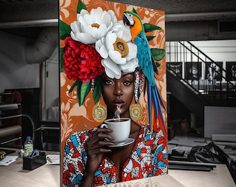 Print CANVAS Stretched canvas AWF 35 African woman parrot flower colors art black, art wall decor, African portrait, Afrocentric