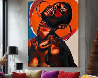 May include: Abstract portrait painting featuring a person with dark skin, large hoop earrings, and an orange halo. The artwork uses a warm color palette of orange, red, and black, with the text "Miryandmade" in the bottom right corner.