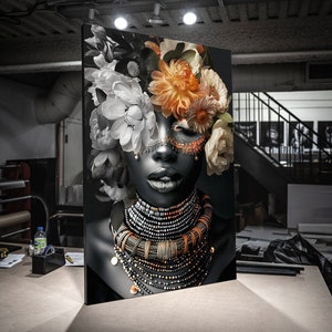 Print CANVAS Stretched canvas African woman queen flower art, art wall decor, African portrait, Afrocentric