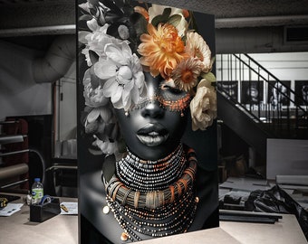 Tryck CANVAS Spännbar duk Afrikansk kvinna drottning blomsterkonst, konstväggdekor, afrikanskt porträtt, afrocentrisk